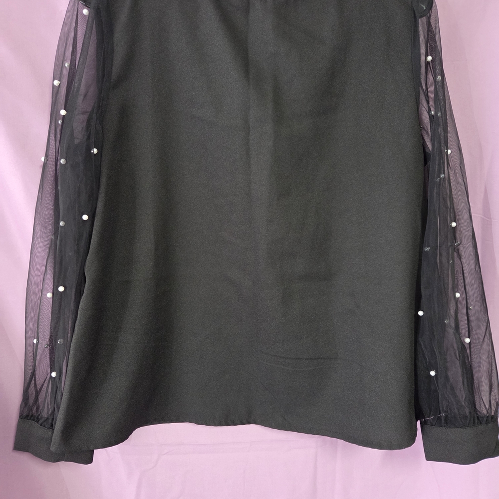 SHEIN Elegant Black Blouse with Pearl-Embellished Sheer Sleeves